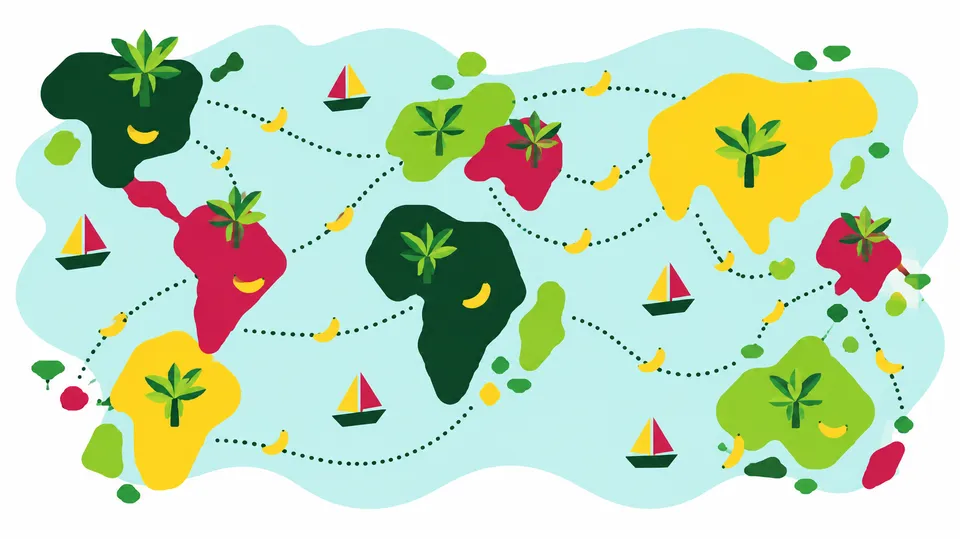 Geometrisk illustration af et stiliseret verdenskort med bananplanter, sejlskibe og stiplede ruter mellem landene