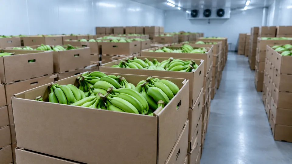 Kasser med grønne bananer stablet i et køligt lager