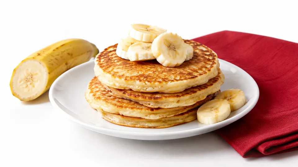 En stak små bananpandekager med skiver af frisk banan på en hvid tallerken