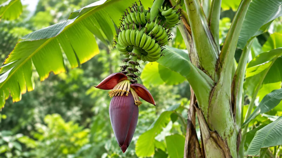 Bananplante med en klase grønne bananer og en stor rødviolet blomsterknop under store grønne blade
