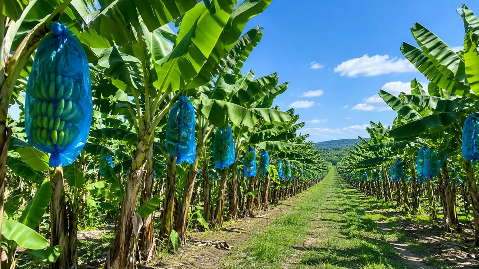 Typisk bananplantage med lange rækker af bananplanter under en klar blå himmel