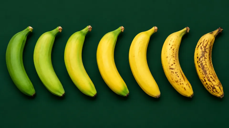 Syv bananer på række fra helt grøn over gul til gul med mange brune prikker