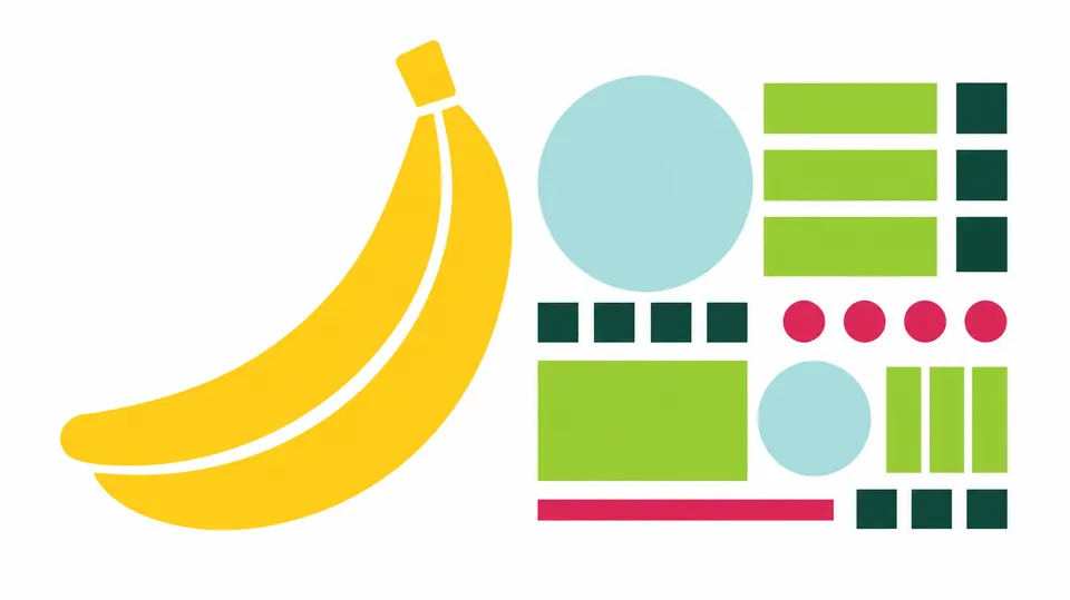 Geometrisk illustration af en banan ved siden af farvede former, der symboliserer vand, kulhydrater, fibre og andre næringsstoffer