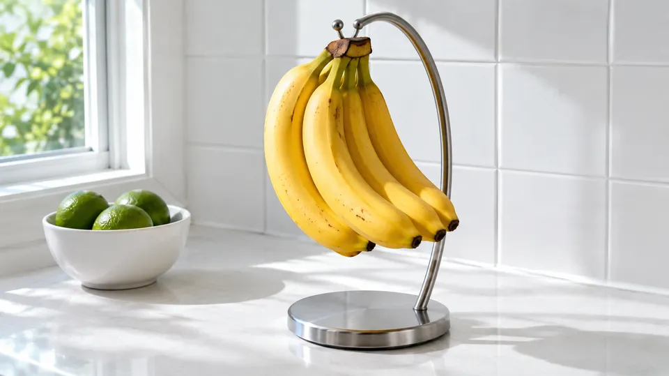 Gule bananer hænger på en bananknage på et lyst køkkenbord