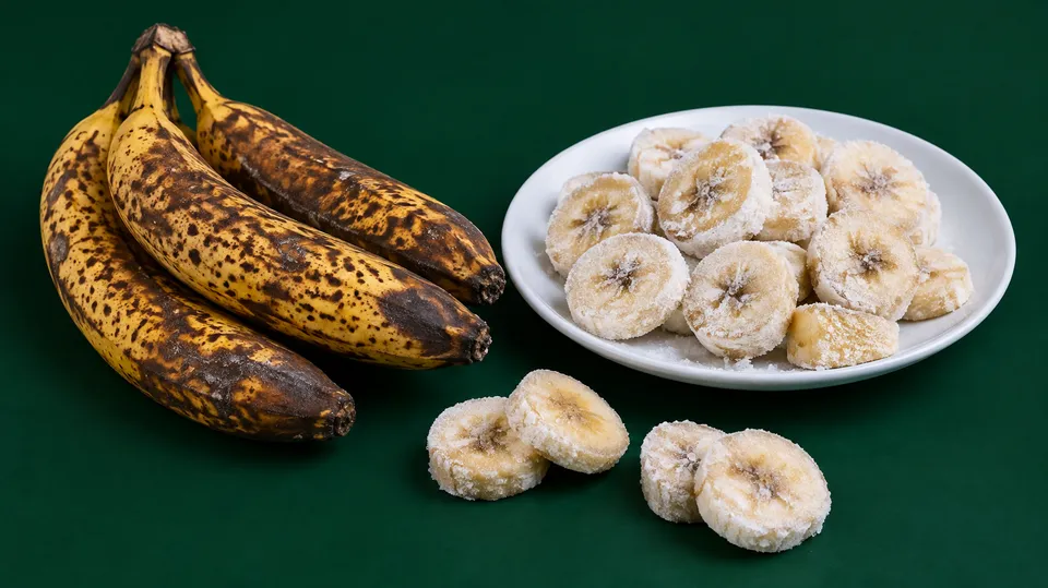 Overmodne bananer med brune pletter ved siden af frosne bananskiver på en tallerken